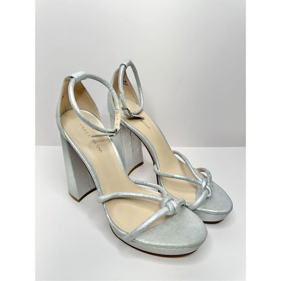 Pelle Moda Gillian Sandal 9.5 Silver Metallic Suede Open Toe Ankle Strap Heel - Picture 2 of 13